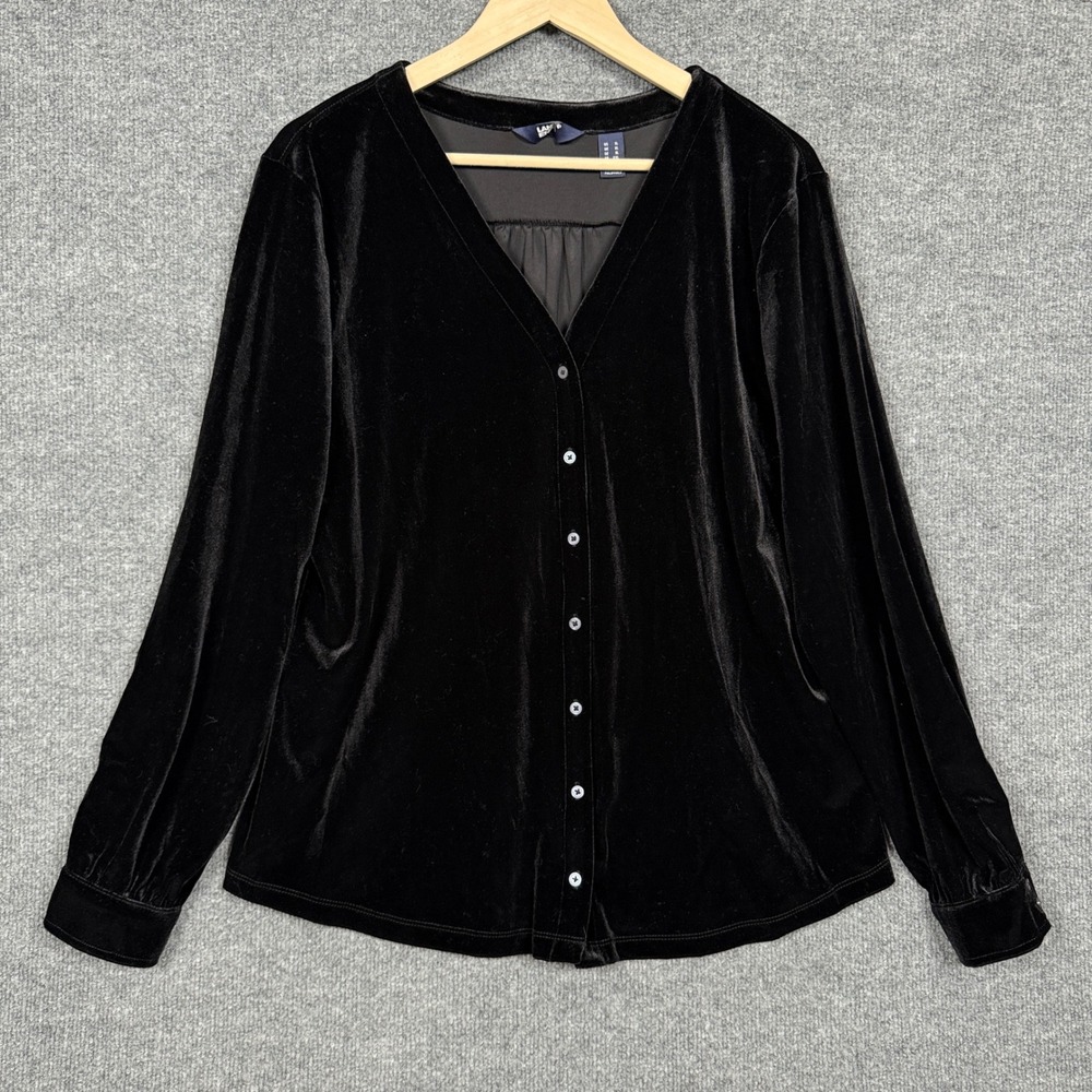 Lands' End Womens XL Top Blouse Black Velour Velvet Vamp Button Up Long Sleeves